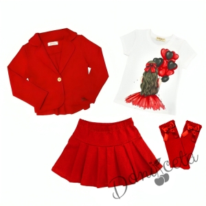 Комплект за момиче от блузка в бяло с балони, пола, сако и чорапи в червено