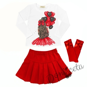 Комплект за момиче от блуза в бяло с балони в червено, пола плисе и чорапи в червен цвят