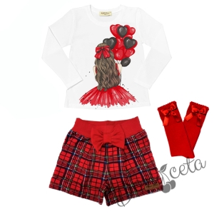 Комплект за момиче от блуза в бяло с балони, къси панталони каре и чорапи в червено 1