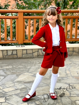 Детски комплект от 3 части за момиче от къси панталонки , сако в червено и официална блуза с дълъг ръкав в бяло с дантела