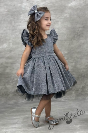Официална детска рокля с къс ръкав с брокат Балеа в сребристо