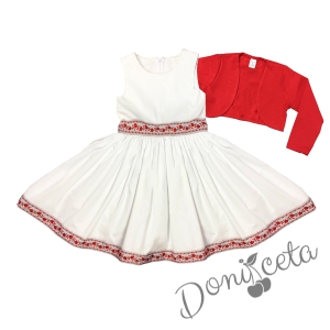 Комплект от детска рокля без ръкав с фолклорни/етно мотиви и болеро в червено