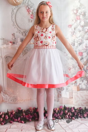 Официална детска рокля с тюл в бяло и червено с мечета 1