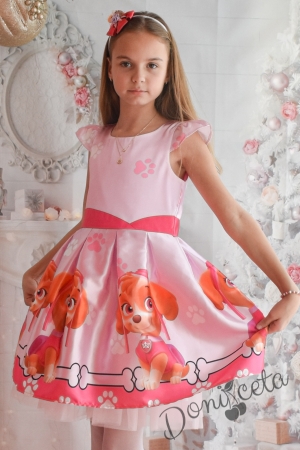 Официална детска рокля с тюл в розово с лапички и Скай от Пес Патрул 1