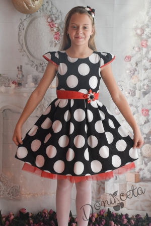 Официална детска рокля в черно на бели точки с червен колан 1