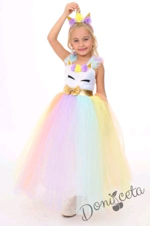 Дълга детска рокля с Пони/Еднорог с многоцветен тюл с диадема за коса 1