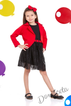 Детски комплект за момиче от 4 части- пола, сако, тениска и диадема за коса в червено Роус