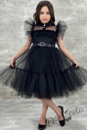 Официална детска рокля в черно с тюл, къс ръкав тип крилце и черен колан Сани