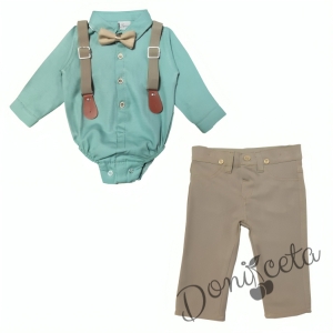 Бебешки комплект от боди-риза в тюркоаз, панталон, тиранти и папийонка в бежово 1