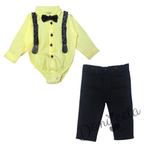 Бебешки комплект от боди-риза в жълто, панталон, тиранти и папийонка в тъмносиньо 1