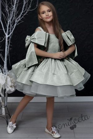 Официална детска рокля в сребристо с панделка за коса Анастасия
