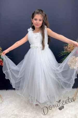 Официална детска дълга рокля в бяло с тюл без ръкав с дантела Донатела 1