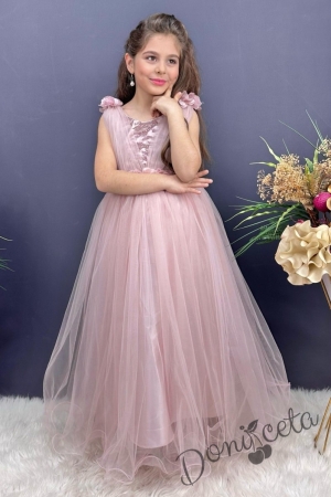 Официална детска дълга рокля в пепел от рози без ръкав с дантела Донатела 1