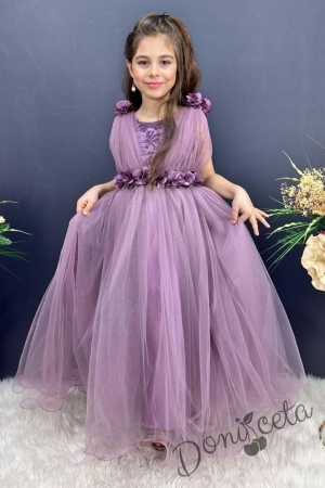 Официална детска дълга рокля в лилаво без ръкав с дантела Донатела 1