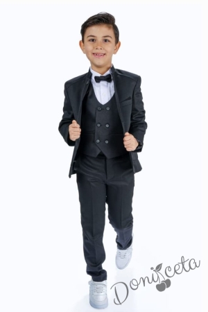 Елегатен костюм за момче от 5 части в черно със сако 1