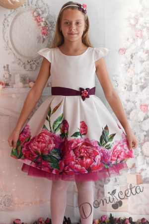Детска рокля в екрю с рози и колан в лилаво 297Б 1