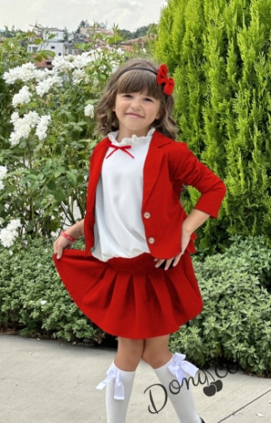 Комплект от пола и сако в червено и риза с къс ръкав Contrast с червена панделка 1