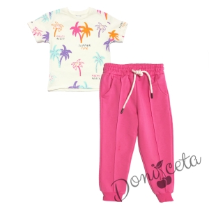 Детски комплект от 2 части - блуза на палми и панталон в циклама