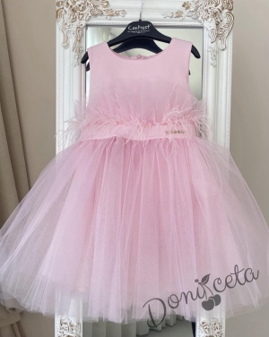 Празнична детска рокля без ръкав с богат тюл и пера в розово Анелия