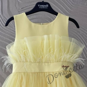 Празнична детска рокля без ръкав с богат тюл и пера в жълто Анелия 2