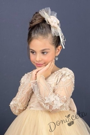 Детска рокля с ръкав 7-8 в екрю и панделка за коса Алесия 2
