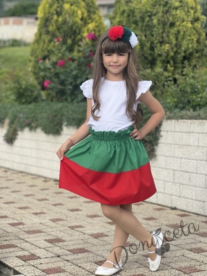Комплект за момиче от детска пола в зелено и червено и блуза в бяло  с къс ръкав12