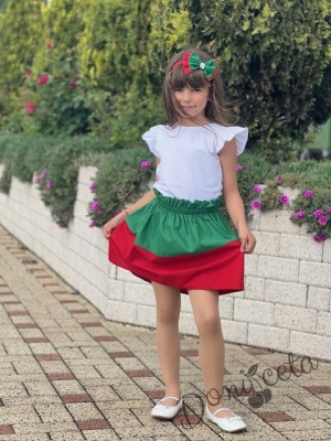 Комплект за момиче от детска пола в зелено и червено и блуза в бяло  с къс ръкав13