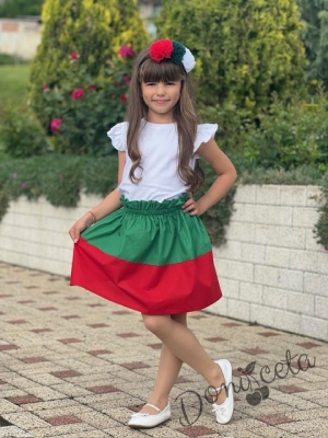 Комплект за момиче от детска пола в зелено и червено и блуза в бяло  с къс ръкав14