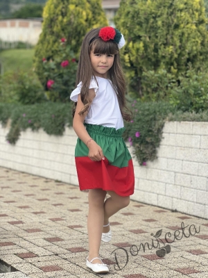 Комплект за момиче от детска пола в зелено и червено и блуза в бяло  с къс ръкав16