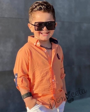 Детска риза в оранжево с дълъг ръкав за момче с емблема 1