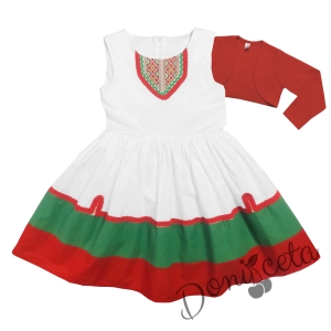 Детска рокля в бяло, зелено и червено за момиче с шевица и болеро в червено