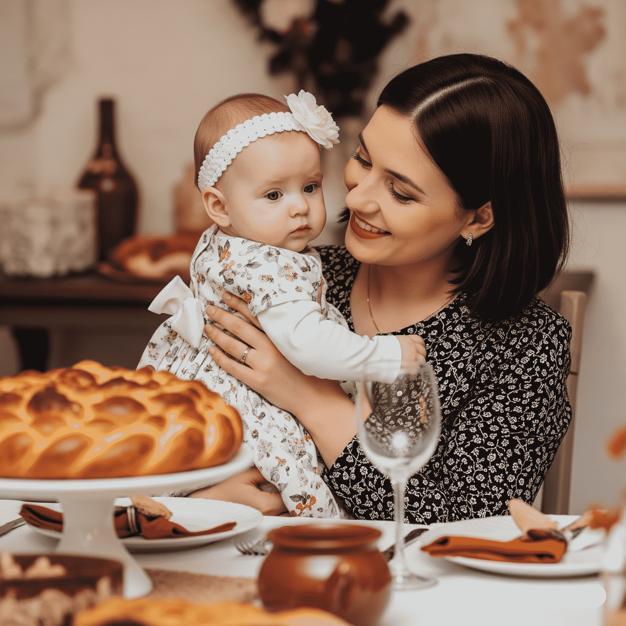 майка държи бебе на погача