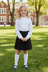 Комплект от 2 части-плисирана пола в черно до коляното и риза с дълъг ръкав ръкав с висока яка