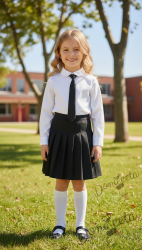 Комплект от 3 части пола плисе до коляното в черно, бяла изчистена риза и вратовръзка в черно, подходящ и за ученическа униформа