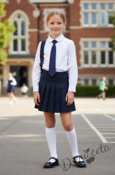 Комплект от 3 части пола плисе до коляното и вратовръзка в тъмносиньо, бяла изчистена риза, подходящ и за ученическа униформа