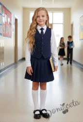 Комплект от 4 части  плисирана пола до коляното, елече и вратовръзка в тъмносиньо с бяла изчистена риза, подходящ и за ученическа униформа