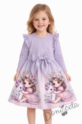 Детска рокля с дълъг ръкав в лилаво с къдрички, панделка и картинка 