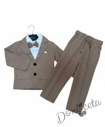 Ленен комплект за момче от 4 части Тери - сако, панталон, риза и пипийонка в бежово 