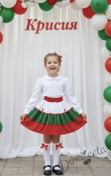 Детска пола за момиче в бяло, зелено и червено с ластик в червено