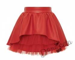 Стилна детска кожена пола за момиче в червено с тюл отпред Дивна