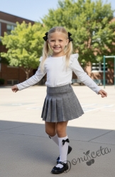 Комплект от пола в сиво каре Калина и блуза с дълъг ръкав бяло с къдрички