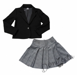 Детски комплект за момиче от 2 части-пола в сиво каре Калина и сако в черно на точици 