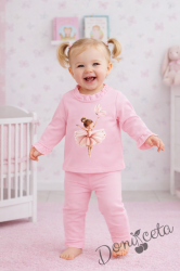 Бебешки комплект от 2 части- блуза в розово с къдрички и апликация на балерина комбинирана с изчистен клин е розово