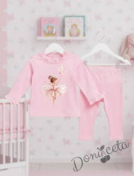 Бебешки комплект от 2 части- блуза в розово с къдрички и апликация на балерина комбинирана с изчистен клин е розово