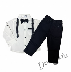 Комплект от панталон, папийонка и тиранти в тъмносиньо и бяла риза.