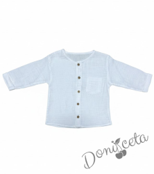 Комплект за момче от 2 части - риза с къс ръкав в бяло с  панталон в кафяво 