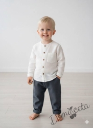 Комплект за момче от 2 части - риза с къс ръкав в бяло с  панталон в петролено синьо