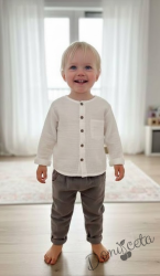 Комплект за момче от 2 части - риза с къс ръкав в бяло с  панталон в кафяво 