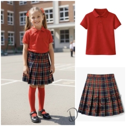 Комплект от 2 части-червена тениска с яка, съчетана с леко удължена плисиран пола в червено каре, подходящ и за ученическа униформа