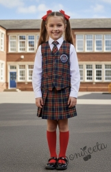 Комплект каре от 3 части- карирана плисирана пола леко удължена, карирана вратовръзка и карирано елече с лого, подходящ и за ученическа униформа